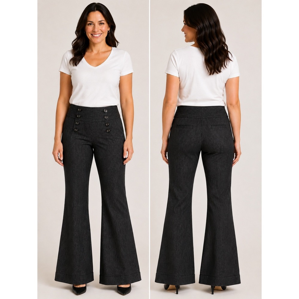 Black Pinstripe Sailor Trousers Sz.5 Wide Leg Y2K Academia Goth Punk Office